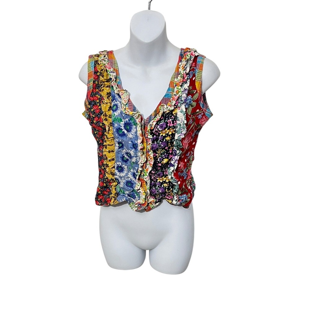 Joujou Patchwork Floral Top Womens Medium Multicolor‎ Ruffle Front Vintage